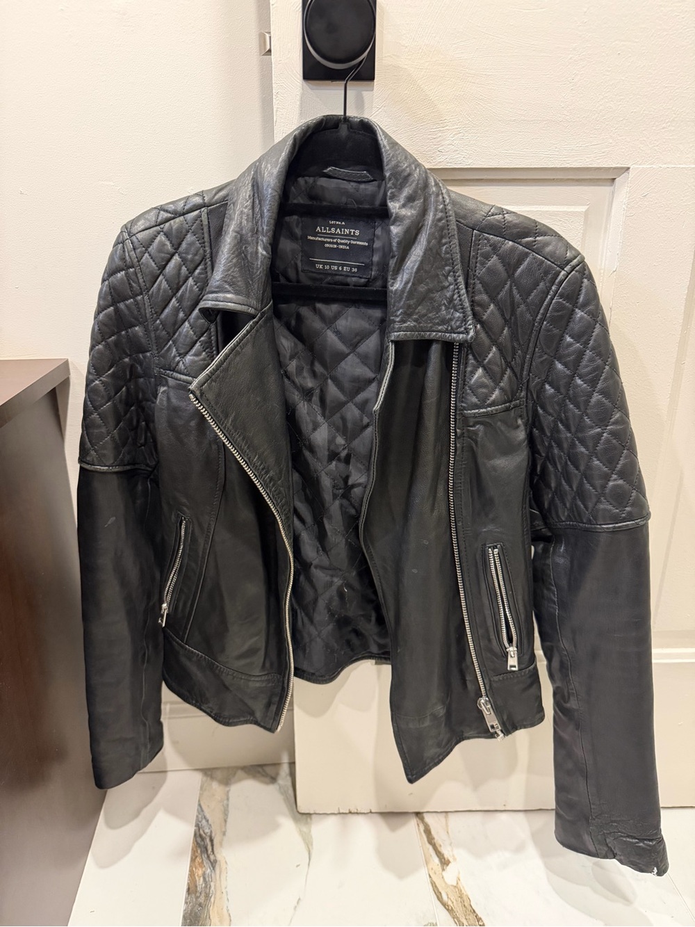 AllSaints Black Leather Biker Jacket Quilted Shoulder Women's US 6